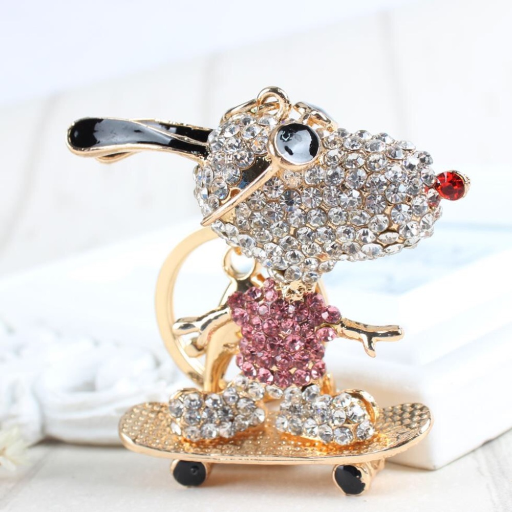 Crystal Snoopy Riding Skateboard Keychain Charm